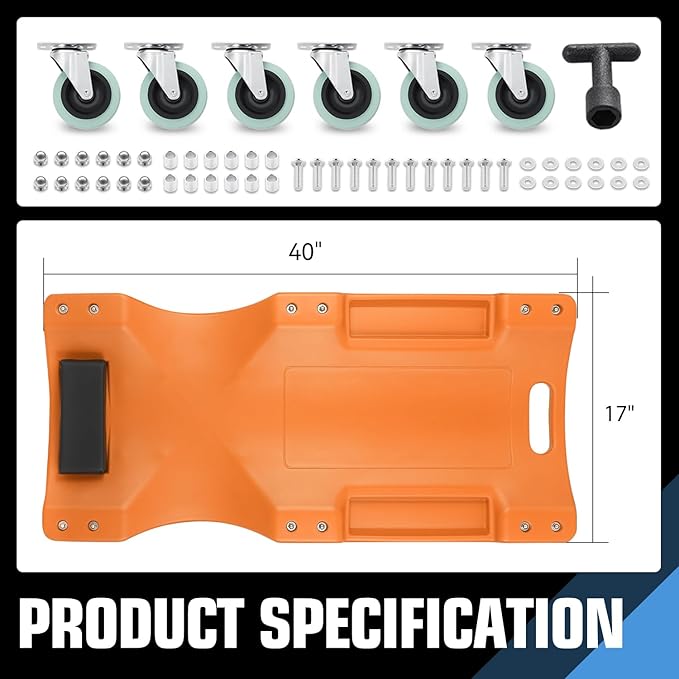 DNA MOTORING 40" L X 19" W Vehicle Repair Low Profile Plastic Rolling Garage Shop Creeper with Padded Headrest,Tool Trays & 6pcs Casters, Orange, TOOLS-00217-OG