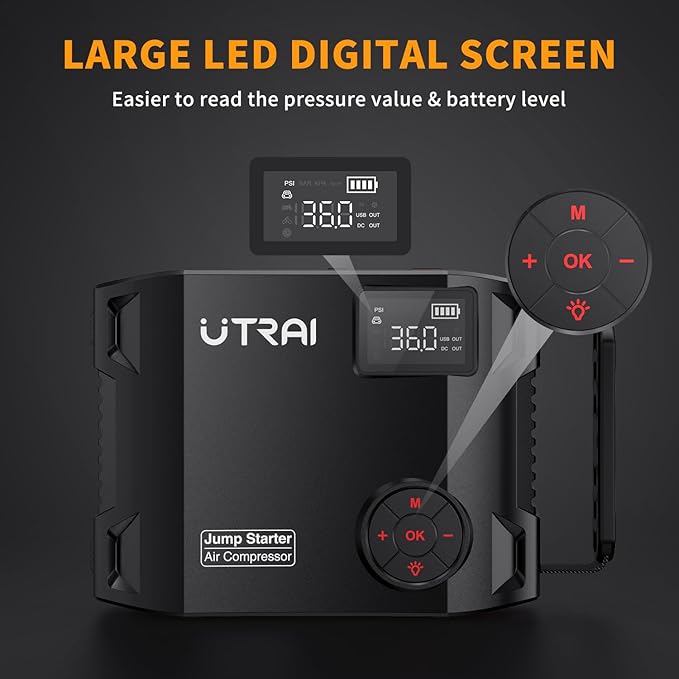 UTRAI Jump Starter with Air Compressor, 6000A 27000mAh Car Starter Jump Box with 150PSI Tire Inflator, Portable Jump Pack (All Gas/10L Diesel), DC160W, QC3.0 Jumper Cables, 1600LM Light