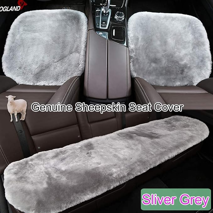 20 inchs Fluffy Shearling Sheepskin Car Seat Cover for Auto Interior Accessories with Soft Fuzzy Wool Eco-Friendly Natural Fur Non-Slip (Misty Gray, Front)