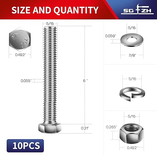 5/16-18 x 6" Hex Head Screw Bolt, Nuts, Flat & Lock Washers, 10Pcs 18-8 (304) Stainless Steel, Fully Threaded, by SG TZH