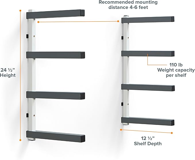 Bora 4-Level Lumber Storage Rack Wood and Garage Organization Space Saving Metal Shelf for Pipes, Boards, Plywood, and Building Materials - PBR-0420 White Gray