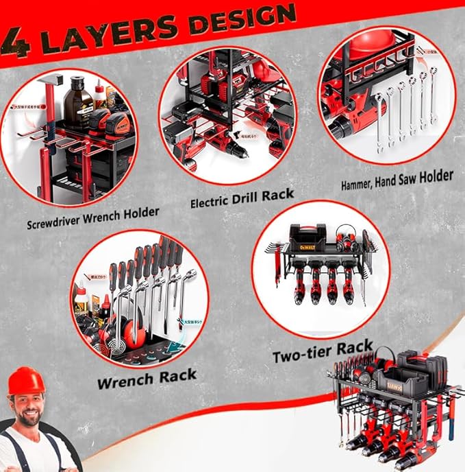 Power Tool Organizer, Garage shelving 2 Layers Garage Tool Organizers 4 Drill Holder Wall Mount, and Heavy Duty Metal Tool Shelf with Screwdriver Holder/Plier Holder/Hammer Holder (Black, 2 Layer)