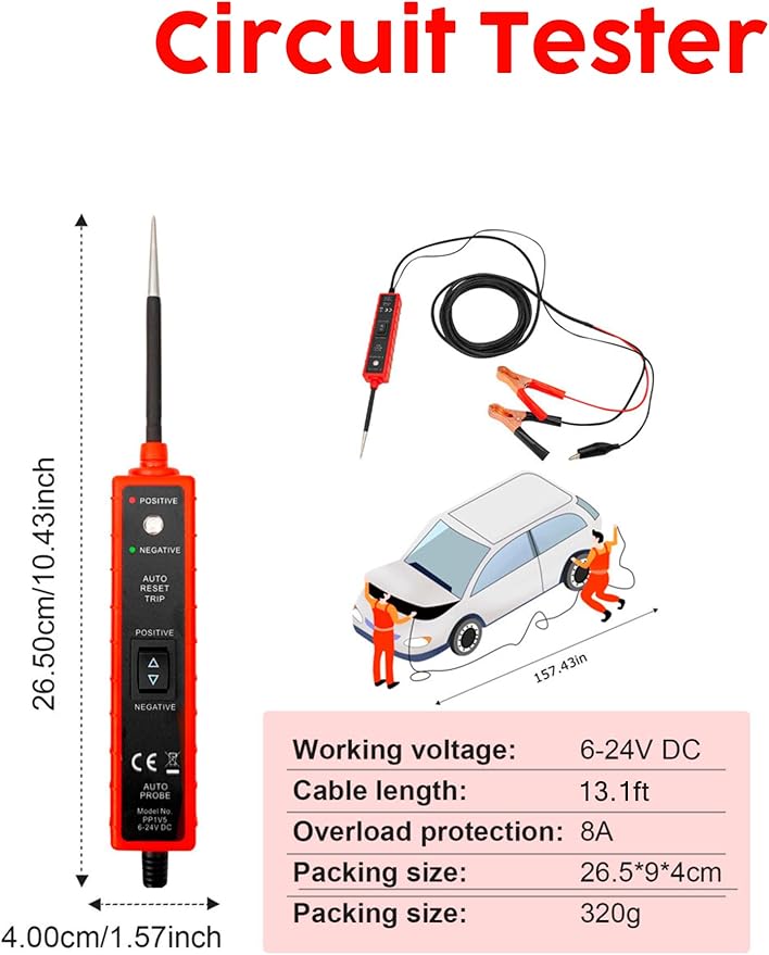 Power Circuit Probe Tester, 6-24V DC Circuit Tester, Test Light Automotive Short Circuit Located, Polarity Identify with LED Light Overload Protection