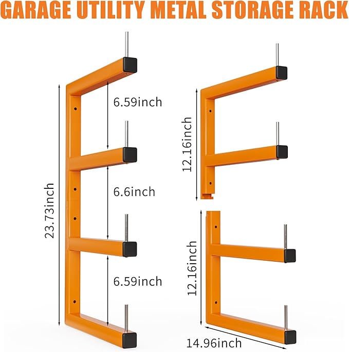 4-Pack Lumber Storage Rack, Wood Storage Racks Wall Mount, Heavy Duty Garage Wood Organizer With 8-Level System, Orange Utility Rack Organization Up 1600 Lbs, Metal Lumber Shelf for Indoor & Outdoor