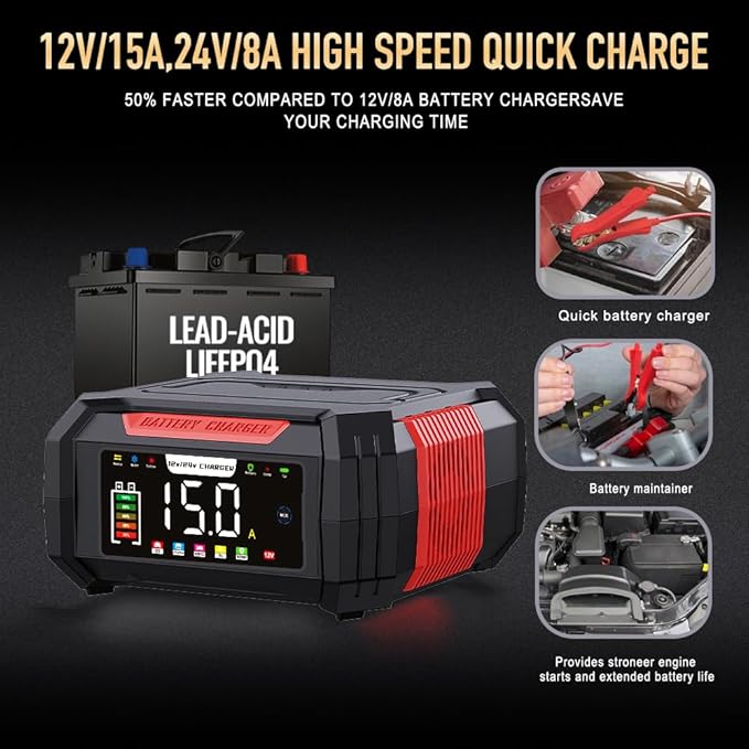 15 Amp Battery Charger, 12V 24V LiFePO4 Car Battery Charger 9-Stage Trickle Portable Charger Smart Battery Maintainer w/Battery Repair, Winter Mode, for AGM, STD, Gel, Lead Acid,Deep Cycle Batteries