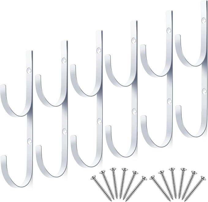 6 Pieces Pool Pole Hook Hanger Swimming Metal Brackets Pool Hook with 12 Pieces Screws for Telescopic Poles, Skimmers, Leaf Rakes, Net, Brush, Vacuum Hose, Garden and Pool Accessories (White)