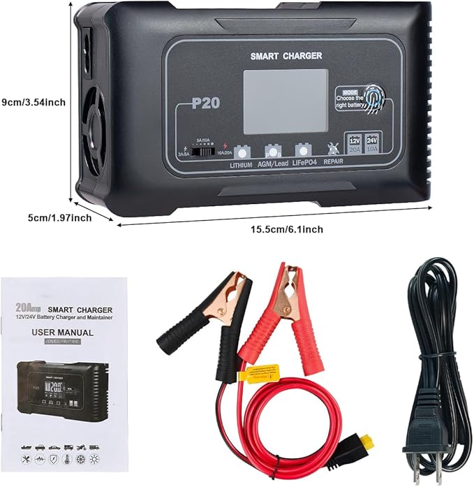 20A Smart Battery Charger 12V/24V, Automatic Charger & Maintainer for Lithium, LiFePO4, and Lead-Acid (AGM/Gel/SLA) Batteries, Trickle Charging for Cars, Boats, Motorcycles