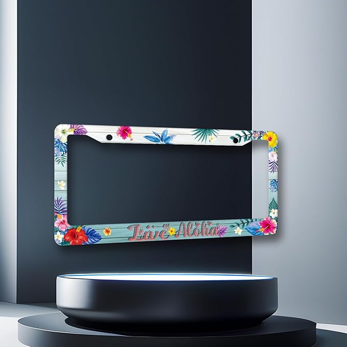 Aloha License Plate Frame Colorful Hibiscus Flowers License Plate Stainless Steel Funny Hawaii Accessories Cars Decor 12.2 X 6.2 Inch with 2 Holes and Screws Fits Standard Us Ca Vehicles