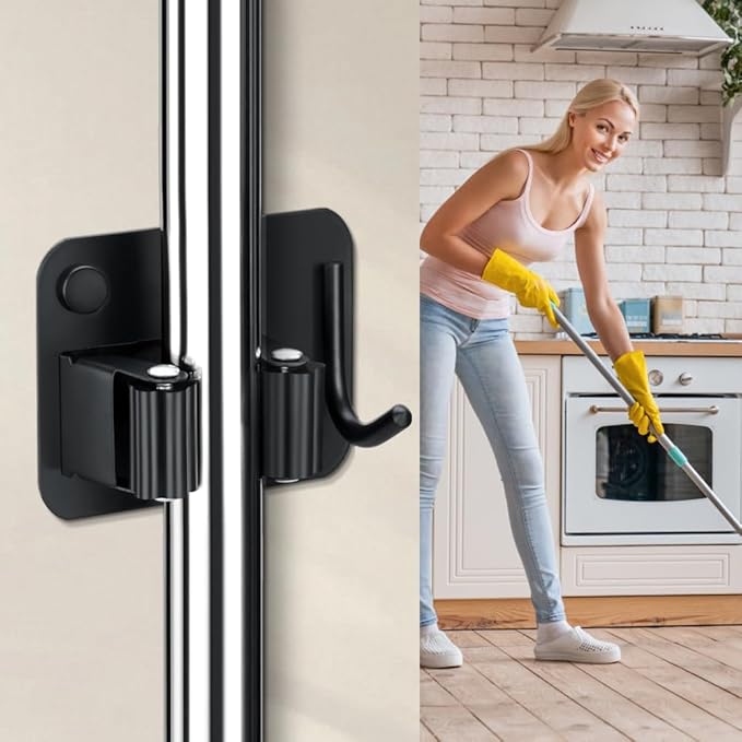 4-Pack Broom Holder with Heavy Duty Hooks, Upgraded Stainless Steel Mop Hanger. Wall Mount Utility Tool Rack for Kitchen Garden Laundry Garage. Matte Black.
