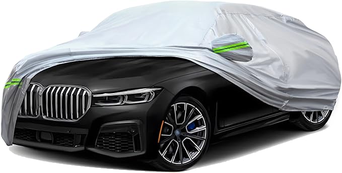 TUCAREST 6-Layers Premium Full Car Cover Hard Shell Zipper Design Waterproof All Weather Weatherproof UV Sun Protection Snow Dust Storm Resistant Outdoor with Straps (Fit for Sedan 205"- 216")