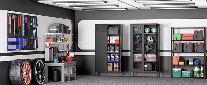 Metal Storage Cabinets with 4 Adjustable Shelves，Black Metal File Cabinet, 71'' Steel Storage for Home & Office, School,Kitchen Pantry,Tool Cabinet，Garage, Black