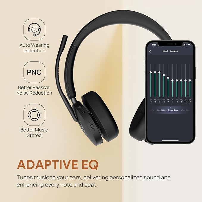 Yealink BH74 with Stand Active Noise Canceling Wireless Headset with Mic for Work, 6-mics Hybrid ANC Microsoft Teams Premium Open Ofﬁce Certified Headsets Bluetooth 5.3, up to 32h Talk, UC Compatible