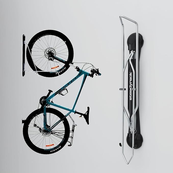 Steadyrack Bike Rack for Mountain Bikes - The Original Wall Mounted Vertical Bike Storage - Fits Wide Tires - Space Saving Pivot Design - Heavy-Duty Steel Rack for Indoor Garage, Apartment or Home Use