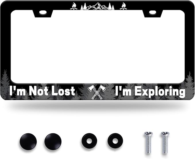 Funny License Plate Frame I'm Not Lost I'm Exploring License Plate Stainless Steel Mountain License Plate Holder Black Car Accessories Decoration With 2 Screws Fits Standard Vehicles Size 12.3" x 6.3"