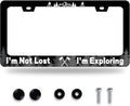 Funny License Plate Frame I'm Not Lost I'm Exploring License Plate Stainless Steel Mountain License Plate Holder Black Car Accessories Decoration With 2 Screws Fits Standard Vehicles Size 12.3" x 6.3"