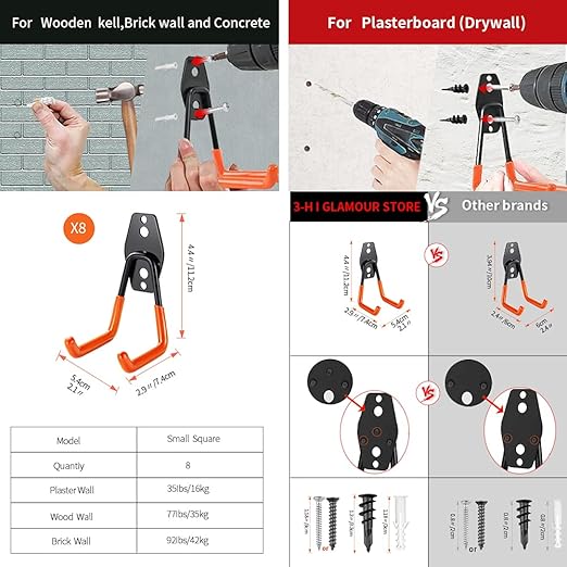 3-H Heavy Duty Garage Hooks [8 Pack] - 3-Round Welding Tech Holds 22lbs More - Thickened Steel Wall Mount for Ladders, Tools & Storage - Rustproof Utility Hardware