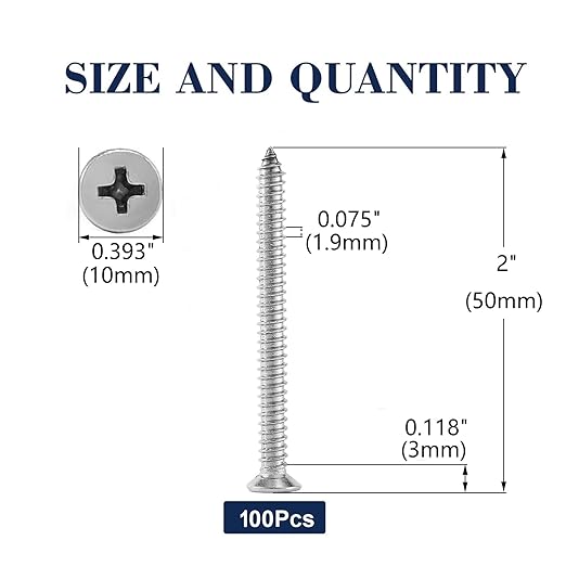 #12 x 2 Wood Screw 100Pcs 18-8 (304) Stainless Steel Screws Flat Head Phillips Fast Self Tapping Drywall Screws by SG TZH