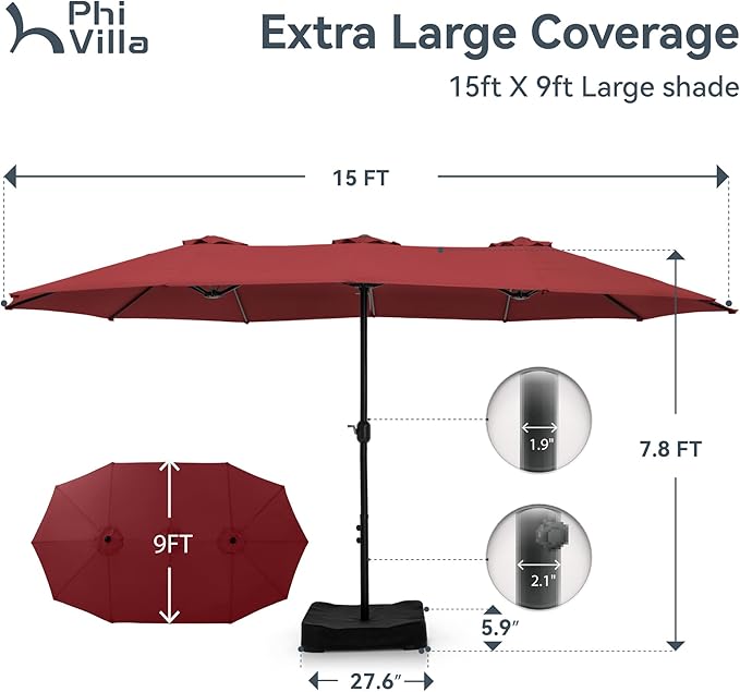 PHI VILLA 15ft Patio Umbrella Double-Sided Outdoor Market Extra Large Umbrella with Crank, Umbrella Base Included (Dark Red)