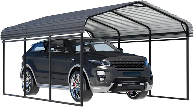 EBE 10 x 15 FT Outdoor Carport, Heavy Duty Metal Carports with Galvanized Steel Roof, Carport Canopy Garage Shelter Shade for Car, SUV, Truck, Boats and Tractors