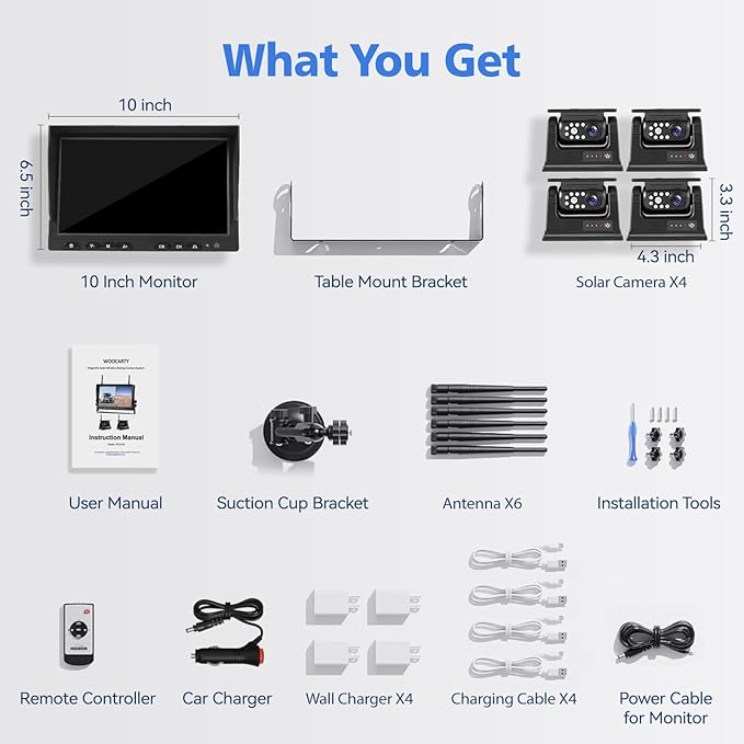 10.1" - 4 Magnetic Solar Wireless Backup Camera System, HD 1080P DVR Monitor, RV Wireless Cameras for Hitch Towing RV Camper Trailer, IR Night Vision, 4x9600mAh Rechargeable Battery, SR4
