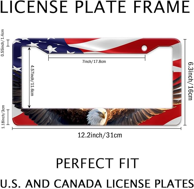 Eagle American Flag License Plate Frame, US Flag Car Tag Frame Holder Covers, Metal Aluminum Rustproof Car Accessories for Men Women 2 Holes with Screws