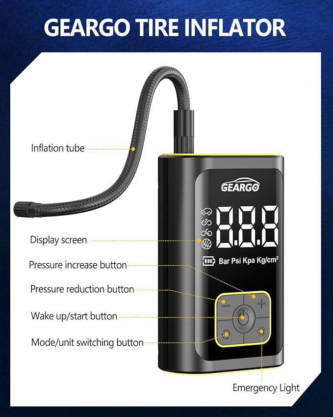 GEARGO Portable Tire Inflator Air Compressor 150PSI Cordless Air Pump for Car, Motorcycle, Bicycle Tires, Balls, 3X Faster Auto Smart Air Pump with Digital Pressure Gauge, LED Light, Black Yellow