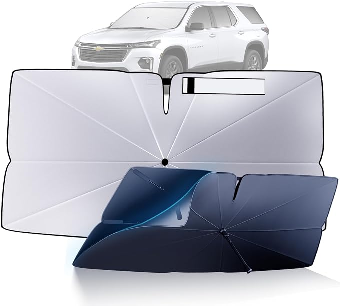Windshield Sun Shade Umbrella Compatible with 2018-2023 Chevy Traverse Accessories: Custom Fit 240T Silver, Double Thickened, Foldable Window Sunshade, Ultimate 99% UV Blocking for L, LS, LT, RS