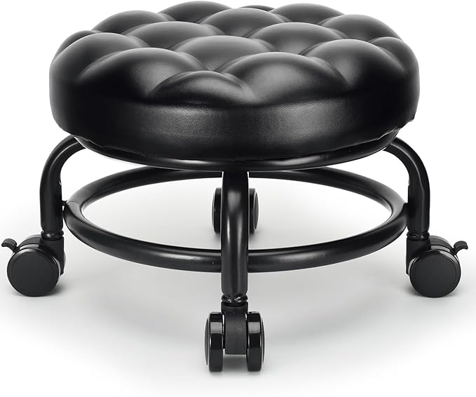 Low Height Rolling Stool Roller Stool PU Leather Comfortable Seat 360°Swivel Rotating, Modern Rolling Chair for Home Office Garage Shop