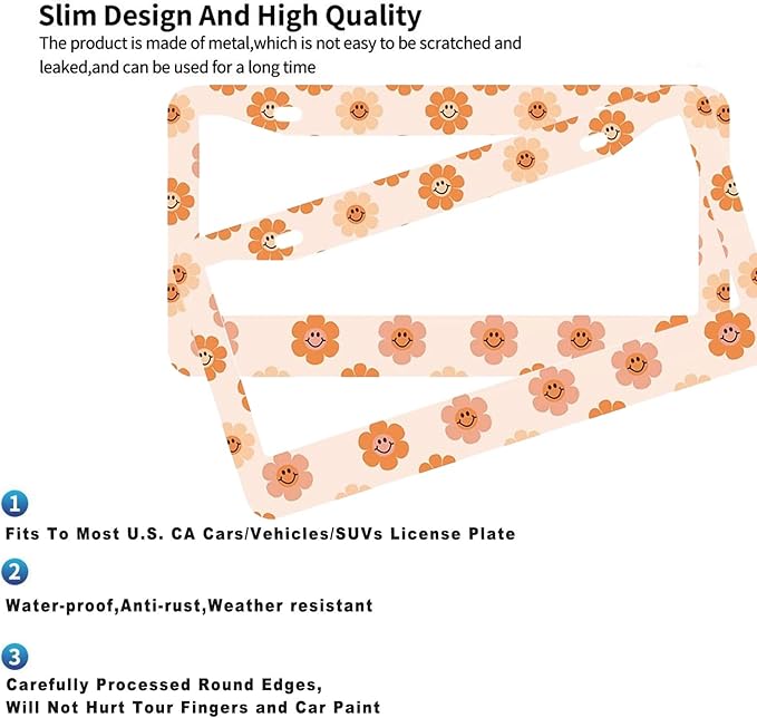 2 Pack Universal Smiley Face Flower License Plate Frame-Rustproof Aluminum Floral License Plate Frames for Women Men Fits All Vehicles, with Anti-Theft Screw Caps Included
