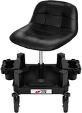 Rolling Stool with Wheels, Adjustable Shop Stool Mechanic Seat, Garage Shop Roller Work Chair, Mobile Rolling Seat with Tool Tray, 2 Cup Holders, 4" Casters, 350 LBS, Heavy-Duty, Black