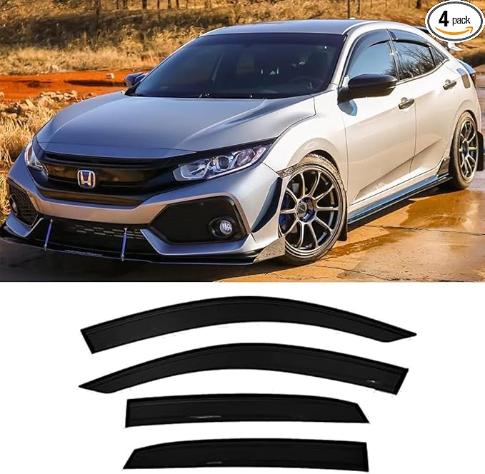 94682 Side Window Visor Wind Vent Deflector, 4pcs Out-Channel Tape-On Nice Sun Shade Rain Guards Set fit for 2016-2021 Honda Civic 4-Door Sedan Model