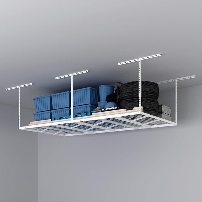 FLEXIMOUNTS Pro 4x8 Overhead Garage Storage Rack,Adjustable Storage Organization System,Heavy Duty Metal Ceiling Storage Racks,800lbs Weight Capacity,White