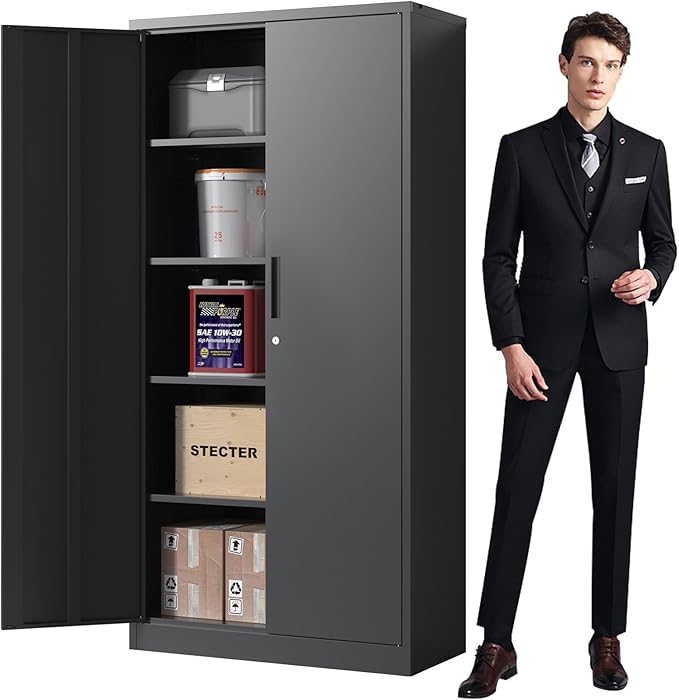 72'' Garage Storage Cabinet, Lockable Storage Cabinet with Adjustable Shelves, Steel Tool Cabinets for Home, Office, Garage, Require Assembly, Black