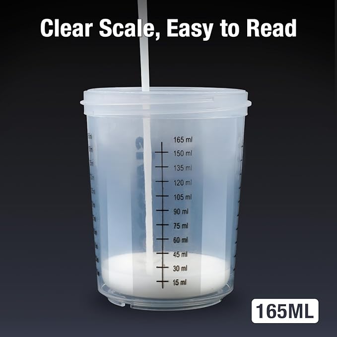 Disposable Paint Cups 6 Ounce(165ml), Mini Paint Mixing Cups with Lid and 30 Pack Paint Cup for Automotive Spray Gun, 125-Micron Filter, 2 Hard Cup with Retainer Ring, 20 Plugs, 1 Stirrer, 1 Seal Tape