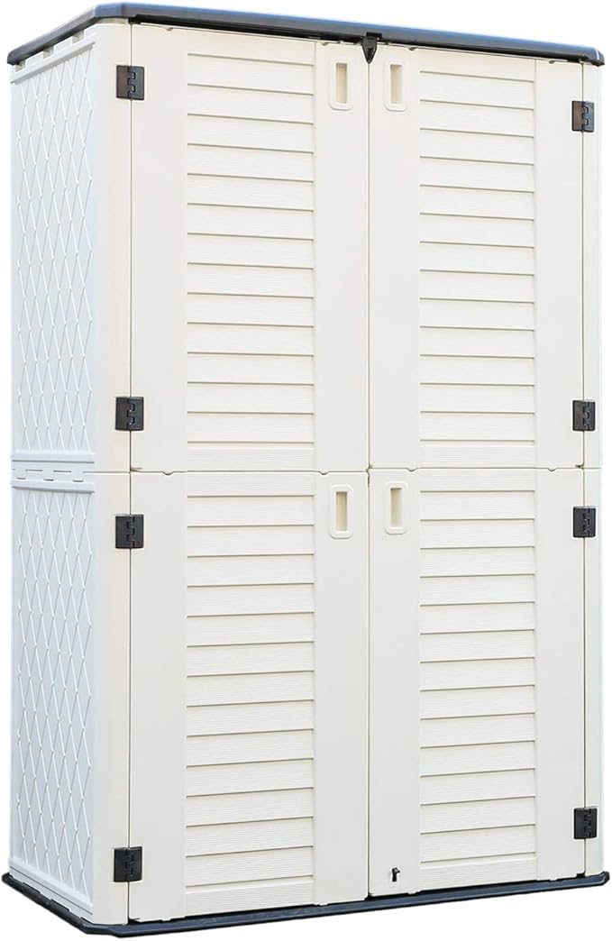 ADDOK Outdoor Storage Cabinet Waterproof,Outdoor Storage Sheds with Floor, Double-Layer Storage Shed for Patios/Generator/Long-Handled Tools (ivory/52 Cu.Ft)
