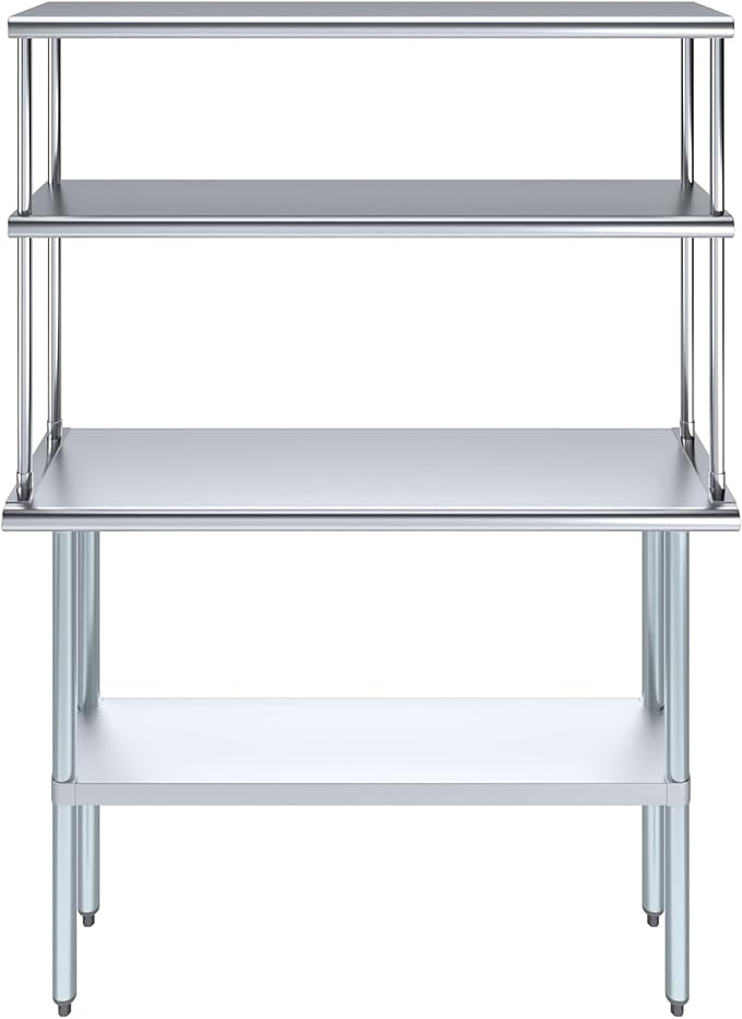 Amgood Stainless Steel Work Table Double Tier Overshelf | NSF 14" x 48" Work Table + 12" Overshelf