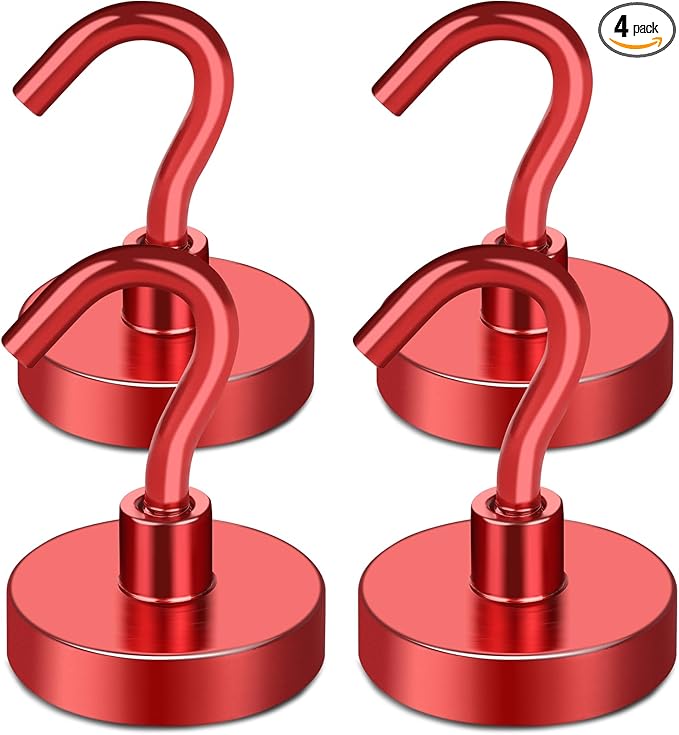 MIKEDE Magnetic Hooks Heavy Duty, 80LB Strong Magnet with Hook for Fridge, Super Neodymium Extra Strength Industrial Hooks for Hanging, Magnetic Hanger for Toolbox, Cruise, Grill(Red,4 Pack)