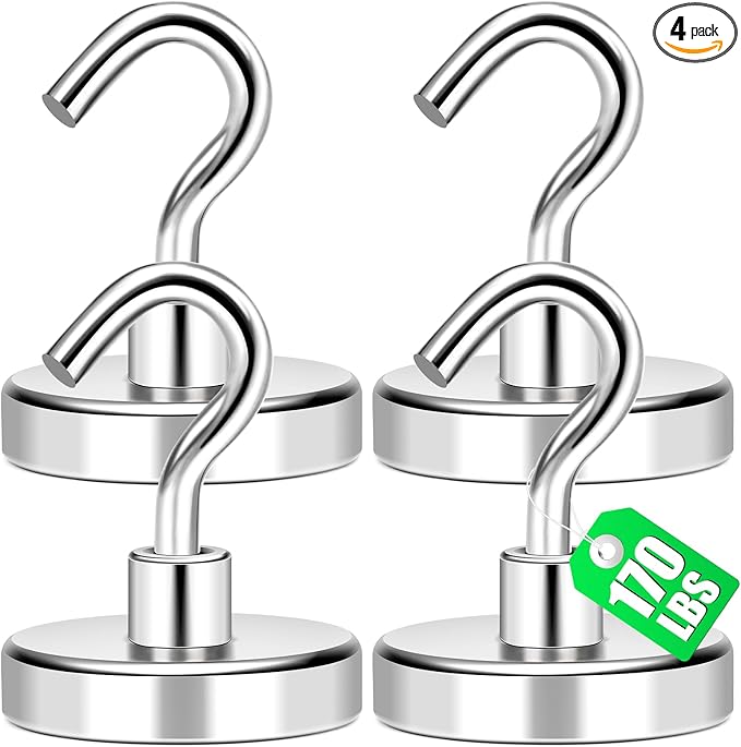 MIKEDE Magnetic Hooks Heavy Duty, 170Lbs+ Super Strong Magnet Hooks for Cruise Essentials, Neodymium Earth Magnets with Hook for Hanging, Magnetic Hanger for Fridge, Toolbox, Storage - 4 Pack