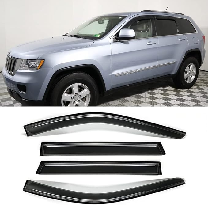 94252 Side Window Visor Wind Vent Deflector Rain Guard fit for 2011-2021 Jeep Grand Cherokee,4 pcs Outside Mount Tape-on Shatterproof Dark Smoke Window Shades
