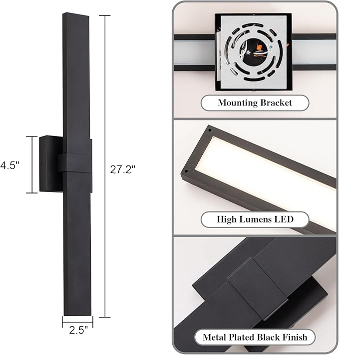 Modern Outdoor Wall Light Fixtures 27.2" Black Outdoor Porch Lights Exterior LED Wall Sconces, 12W Integrated LED Long Outside Light Fixtures for Garage, Porch, Patio, Front Door, House, etc.