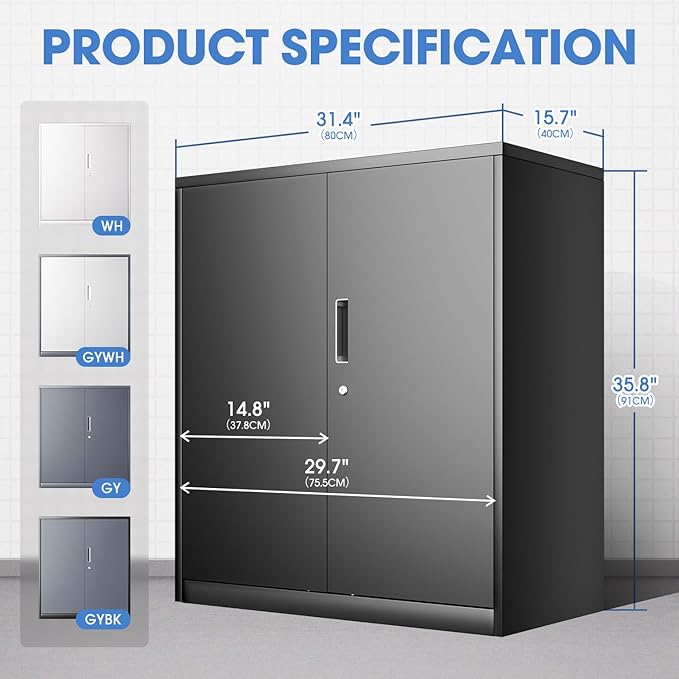 DNA MOTORING Metal Storage Cabinet, 36'' Locking Cabinet with 2 Doors and 2 Adjustable Shelves, Metal Cabinet Heavy Duty Utility Cabinet for Garage,Office,Home,Gym, Black, TOOLS-00631-BK-BK