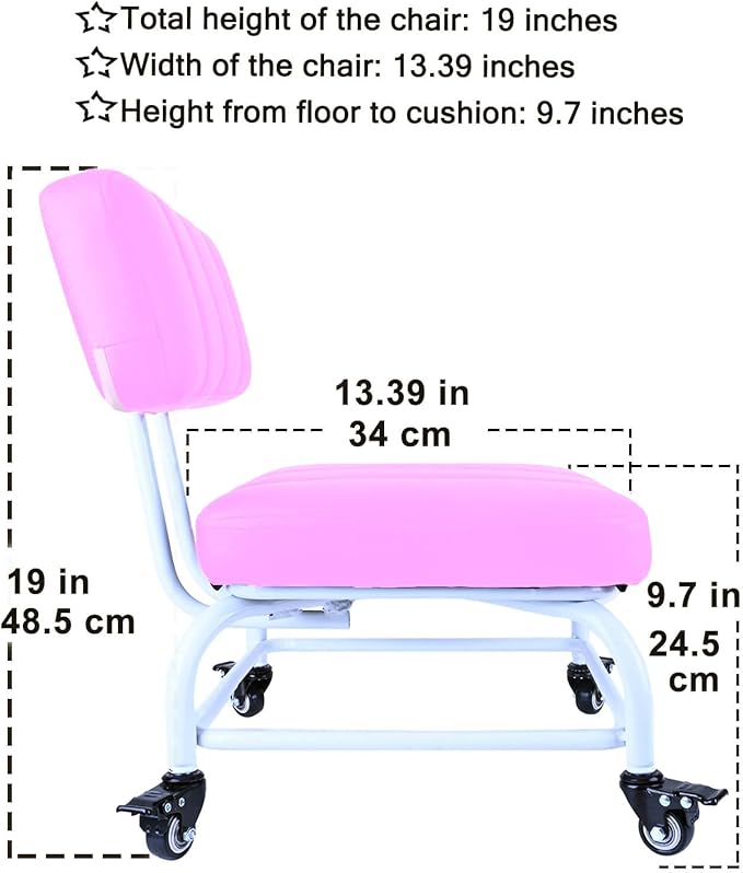 Rolling Stool and 4 Wheels with Brakes Rolling Chair for Home Office Garage Shop Roller Seat Water-Proof High Density Cushion and Steel Pink