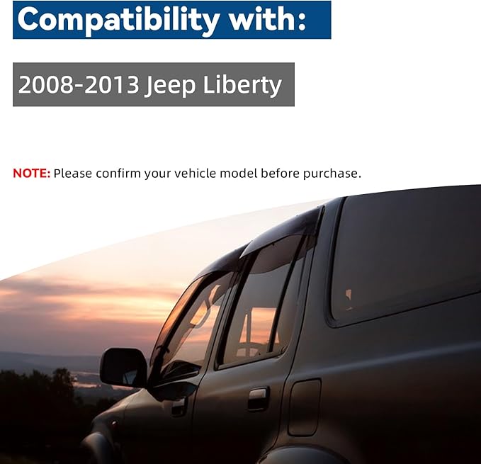 4pcs Front+Rear Smoke Tint Sun/Rain Guard Outside Mount Tape-On Vent Window Visors Compatible with 08-13 Liberty KK