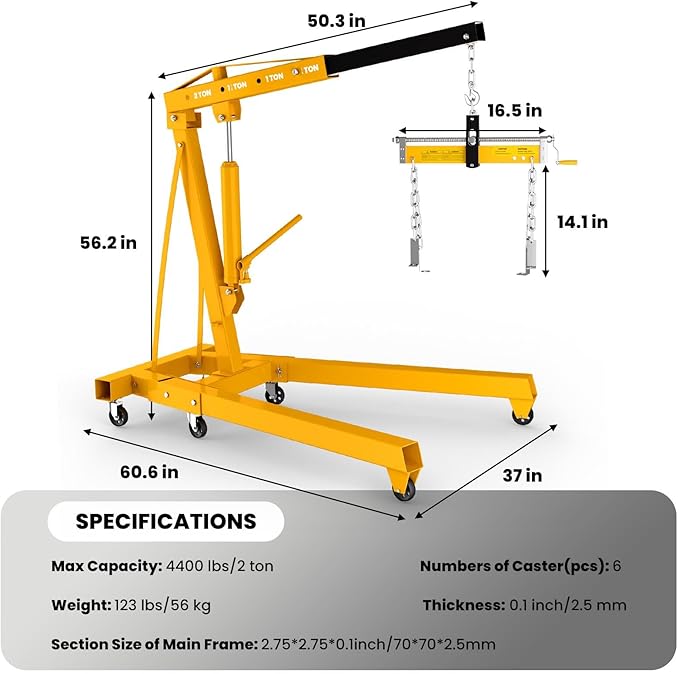 2-Ton Folding Hydraulic Engine Hoist with Lever, Heavy-Duty Engine Crane Cherry Picker with 6 Casters, Shop Lift for Garage, Workshop & Warehouse, Yellow