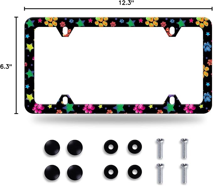 Colorful Animal Paw and Star License Plate Frame Colorful License Plate Stainless Steel Parts Funny License Plate Decorative with Screws Size 12.3" x 6.3" for Men Women