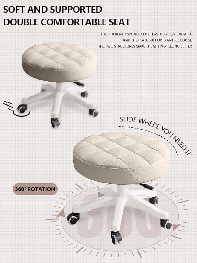Small Chair Round Rolling Stool with Wheels PU Leather Height Adjustable Swivel Drafting Work SPA Salon Stools Home Office Chair