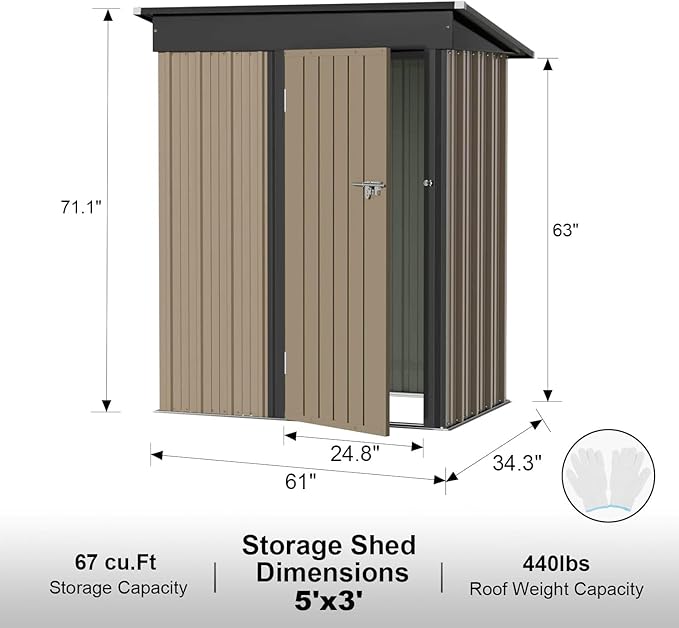 JUMMICO Metal Outdoor Storage Shed 5 x 3 FT Metal Shed with Lockable Door,Waterproof Garden Tool Shed Storage House for Backyard Patio Lawn, Brown