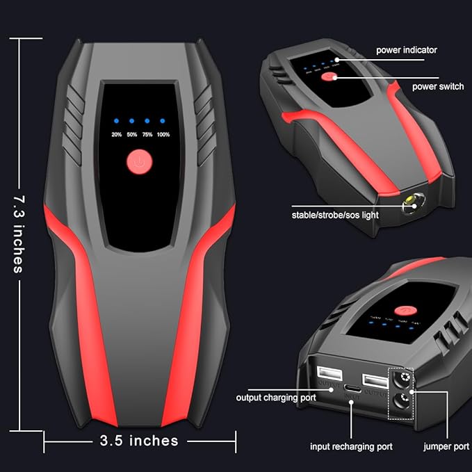 12v Auto Jump Starter Pack with Air Compressor, Peak Current 2000a, Car Lithium Battery Charger Jumper Box Tire Air Pump, Portable Power Bank for 8.0L Gas and 5.0L Diesel with Quick Charge