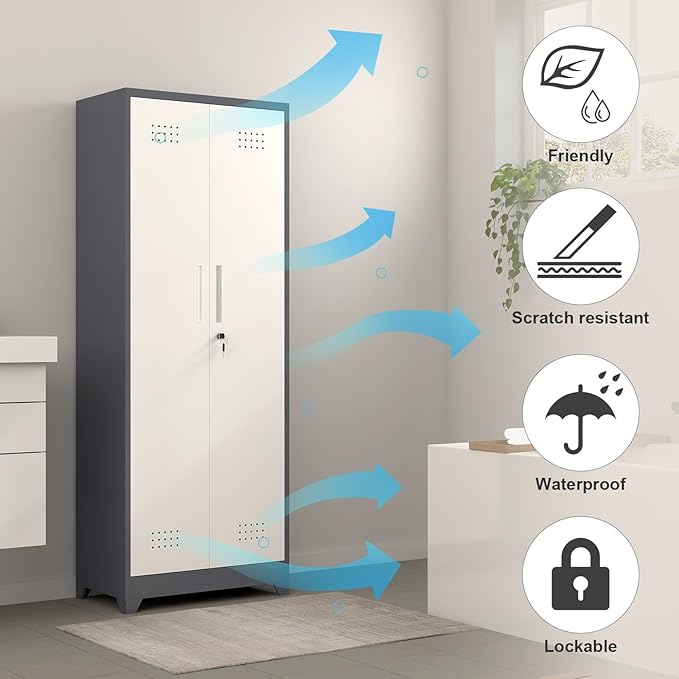Metal Cabinets with Doors and Adjustable Shelves, 65" H Lockable Storage Cabinet, Grey-White Utility Cabinet for Brooms and Mops for Home,Kitchen,Garage
