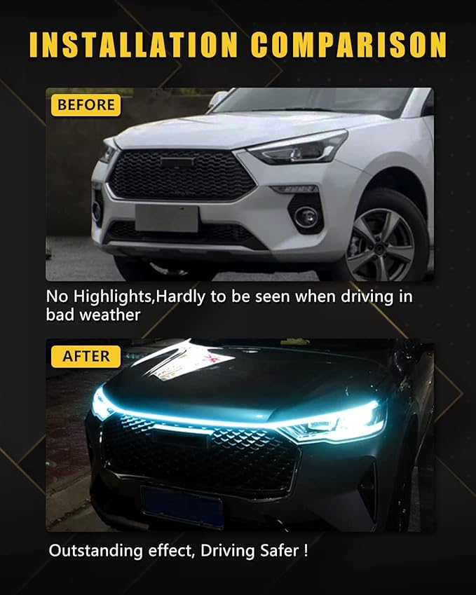 YM E-Bright Led Hood Light Strip Exterior Car Led Strip Light Waterproof Flexible DRL Dynamic Scan Start Up Hoodbeam Kit Daytime Running Lights for Car,Truck,SUV,12V 59inch,Ice Blue,1 Set